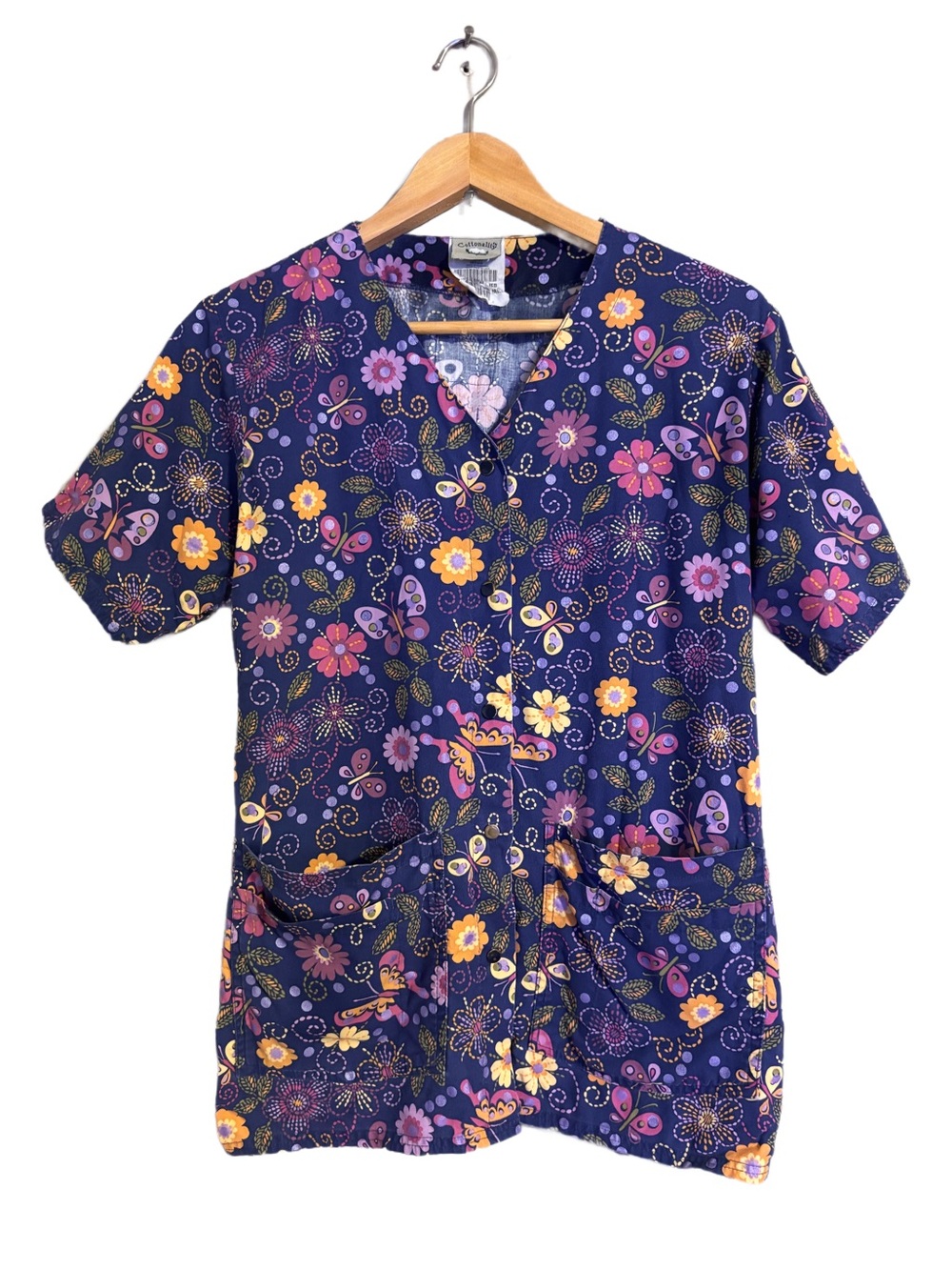 Cottonality Women's Snap Front Warm-Up Scrub Top Floral Size Medium 22” Across